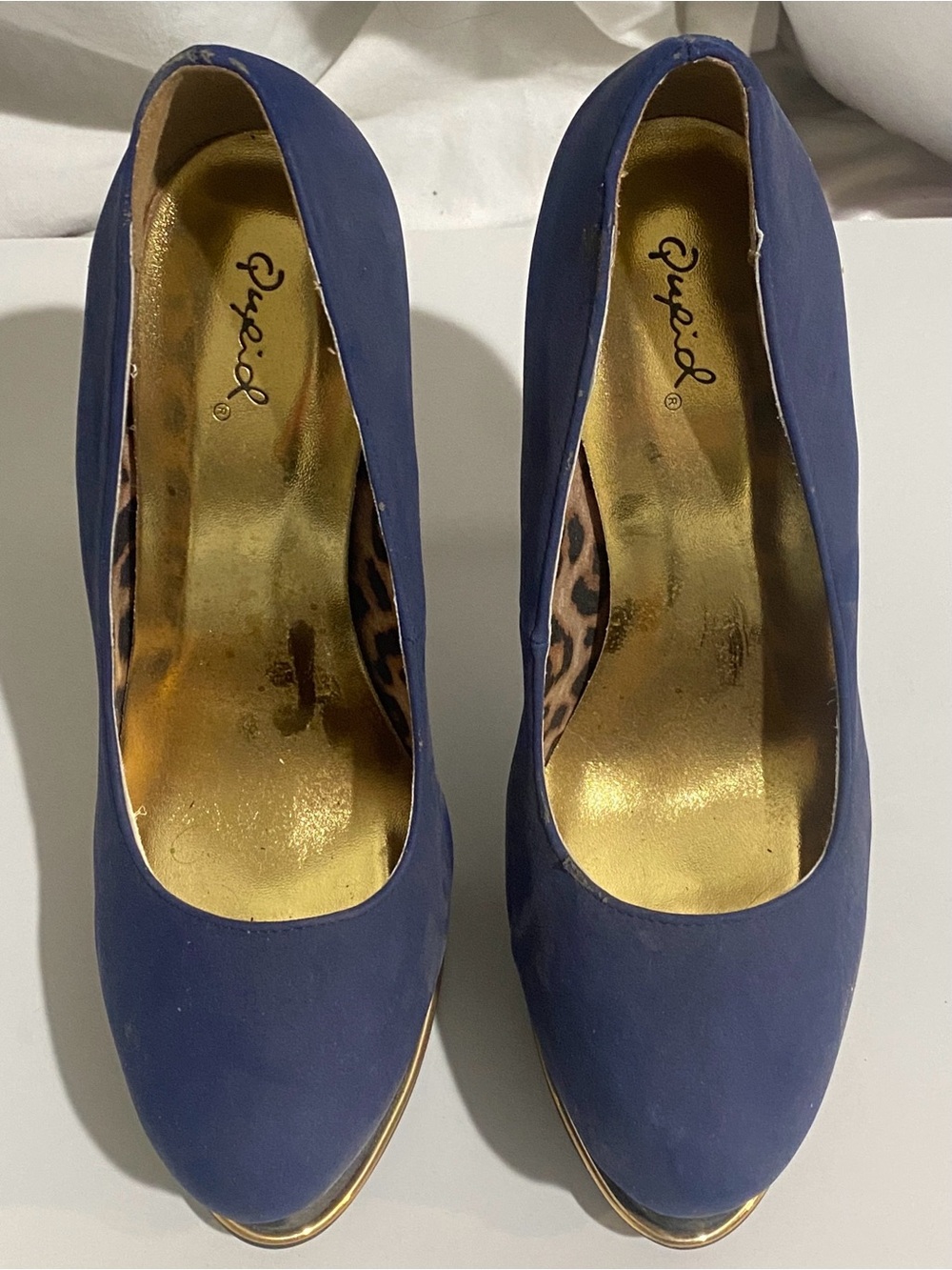 Qupid Women's 8 Royal Blue Gold Trim Leopard Print Stiletto Pumps Platform Heels